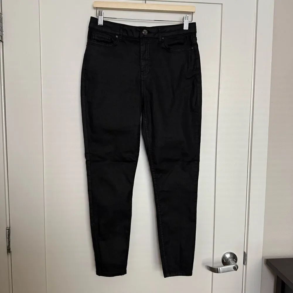 Reiss Ankle Skinny Jeans Womens Sz 30 Black Lux Metallic Coated Stretchy Denim